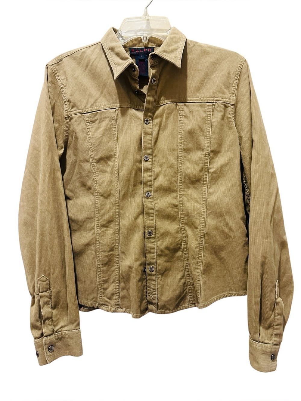 VTG Rare 90s Ralph Lauren Women’s Long Sleeve Corduroy Snap Button Shirt L Khaki